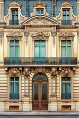 Obraz premium Generative AI illustration of Facade with doors and windows in Paris. Classic Haussmann style