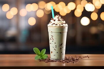 Peppermint mocha - mint mocha - a classic combination of chocolate, mint and coffee. Against a background of glare and blurry lights. - obrazy, fototapety, plakaty