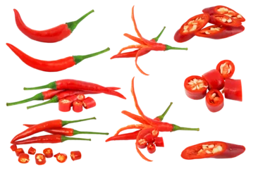 Keuken spatwand met foto Set of red hot pepper chili isolated on transparent background with png. Spicy chili Asia food spice © Phuangphet