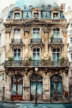 Generative AI illustration of Facade with doors and windows in Paris. Classic Haussmann style