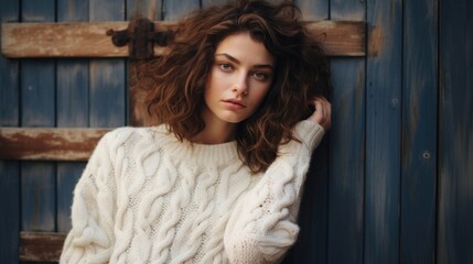 Fototapeta premium studio photo of a beautiful woman in a warm knitted sweater on a light background