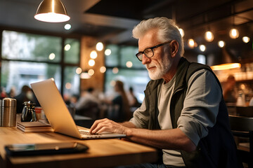 Portrait of senior man working on laptop in cafe.