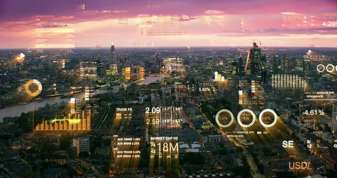 Futuristic Aerial Skyline of London With Stock Exchange Figures. Augmented Reality Elements with Financial Charts and Data. Representing Concepts As Big Data, Artificial Intelligence, IOT.
