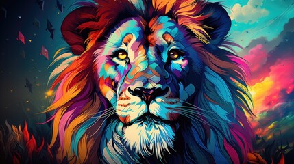 A painting of a lion with a colorful mane. Imaginary AI picture.