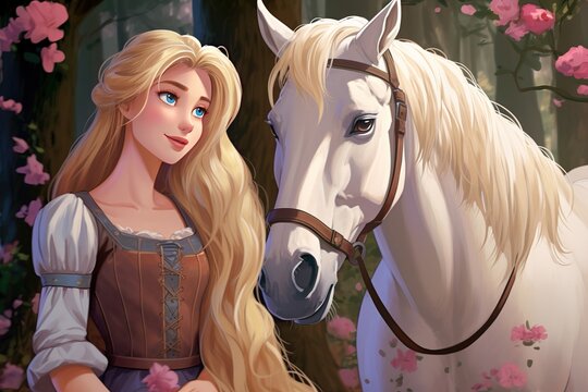 Drawing of a girl with long hair with a horse in the forest.