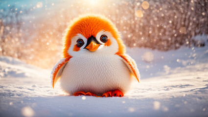 Cute cartoon penguin in a snowy meadow