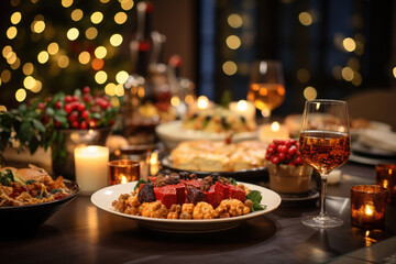 Christmas dinner. Festive dishes on the table. Happy New Year and Merry Christmas