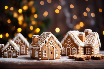 Fototapeta na wymiar Christmas Gingerbread house on the background of golden festive bokeh.Christmas baking.Holiday mood.
