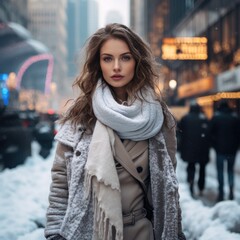Fototapeta premium photo of a beautiful woman in stylish warm autumn-winter clothes against the backdrop of a big city. Fashion and style concept