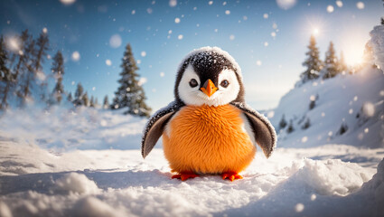 Fototapeta premium Cute cartoon penguin in a snowy meadow