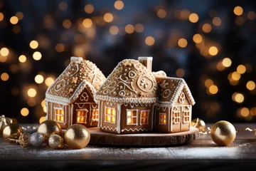 Fotobehang Christmas Gingerbread house on the background of golden festive bokeh.Christmas baking.Holiday mood. © syhin_stas