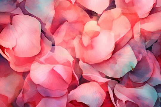 Painted pink rose petals on a watercolor background. Generative AI