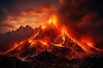 Fiery Mountain Landscape, Molten Lava Spewing From The Hills, Scene Of Volcanic Eruption
