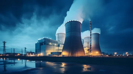 Foto op Canvas Nuclear Power plant at night with chimneys and cooling towers, industrial landscape © mandu77