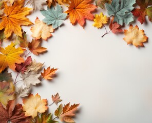 Naklejka na ściany i meble Generative AI. Desktop background with autumn leaves