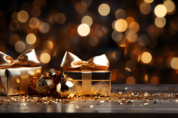 Fototapeta na wymiar Gold Christmas gift box with Christmas decorations