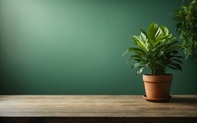 Empty wooden table surface with potted plants and green wall background