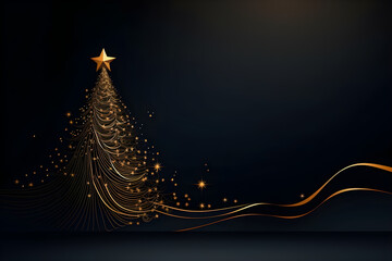 Abstract gold Christmas tree with stars on a black background - obrazy, fototapety, plakaty