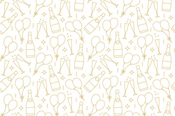 christmas, New Year's Eve, party golden seamless pattern with champagne bottle, glasses and ballons- vector illustration