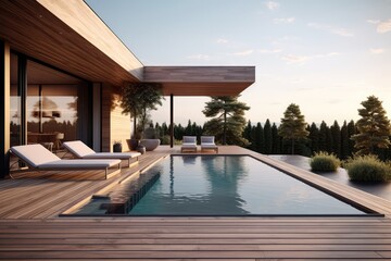 Obraz na płótnie Canvas Modern Wooden Terrace And Pool