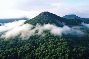 Aerial View Of Mistcovered Mountain Peak Surrounded By Green Trees