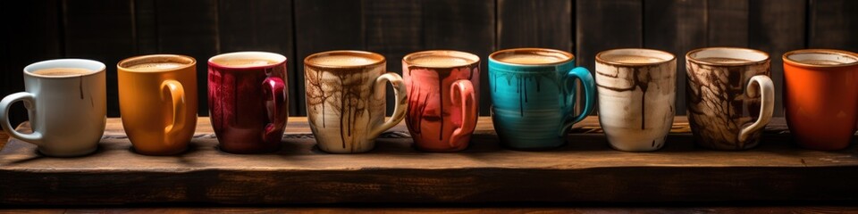 A row of coffee mugs sitting on top of a wooden table. Panoramic banner. - obrazy, fototapety, plakaty