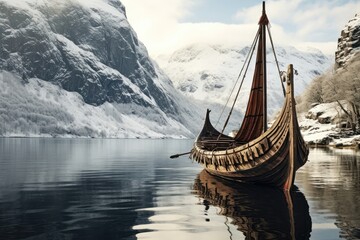 A Viking Ship Rests In A Fjord, Testament To Ancient Exploration - obrazy, fototapety, plakaty