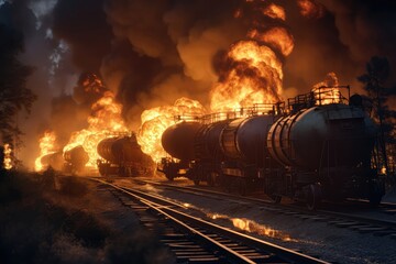 Naklejka premium Scene Of Wagons From Freight Train Carrying Hazardous Substances Derailed, With Tanks Burning And Releasing Pesticides, Illustrating Technogenic Disaster Concept