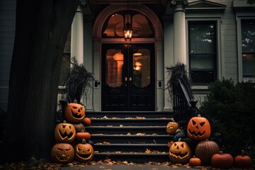 Obraz premium A creatively decorated house door sets the mood for Halloween, complete with pumpkins, cobwebs, and spooky elements. Ideal for seasonal celebrations, home decor, and holiday themes.