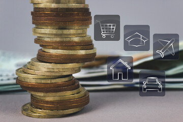 Coins stack and stack of one hundred dollar bills with Digital symbol of investment for prepare in the future on grey background. Business financial ideas concept. Time is money concept.