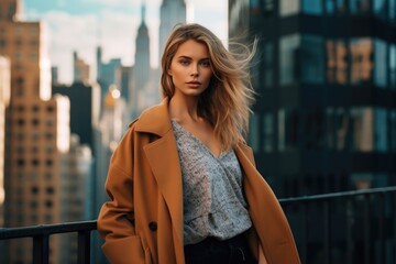 photo of a beautiful woman in stylish clothes against the backdrop of a big city. Fashion and style concept