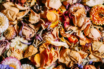 Dried rose flowers and petals. Floral decor.