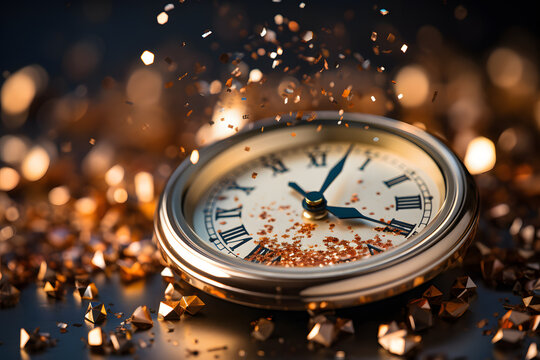 Antique vintage pocket watch with glitter falling on it counting New Years first minutes AI Generated Art