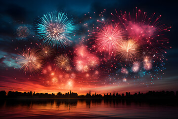 Fototapeta na wymiar Colorful new years eve fireworks over the river and the forest AI Generated Art