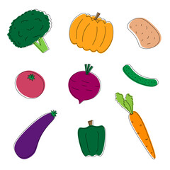 Set of autumn vegetables icons on white background. Vector flat cartoon illustration. Diet and healthy food.
