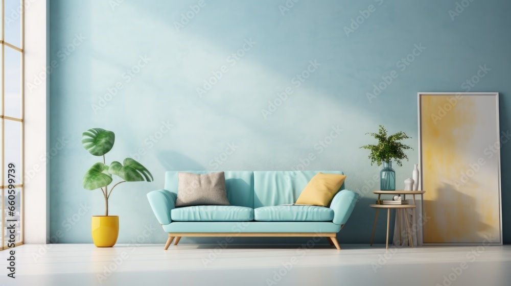 Poster A living room with a blue couch and a potted plant