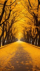 Naklejka na ściany i meble A road lined with trees covered in yellow leaves