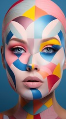 A close up of a woman with a colorful face paint