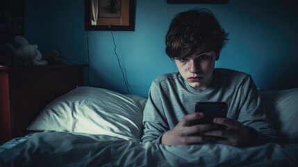 Fototapeta premium A young man sitting in bed looking at his cell phone