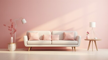 A living room with a white couch and pink walls