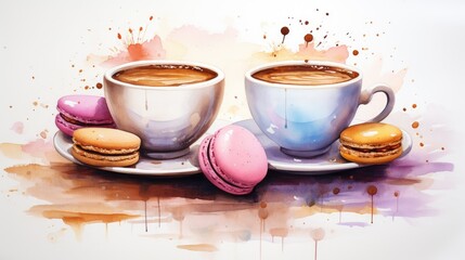 Obraz na płótnie Canvas Two cups of coffee and macaroons on a saucer