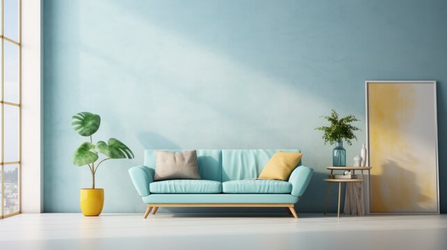A living room with a blue couch and a potted plant