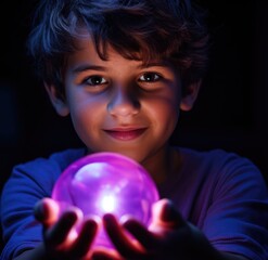 Naklejka premium A young boy holding a glowing ball in his hands