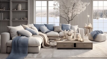 A living room filled with lots of white furniture