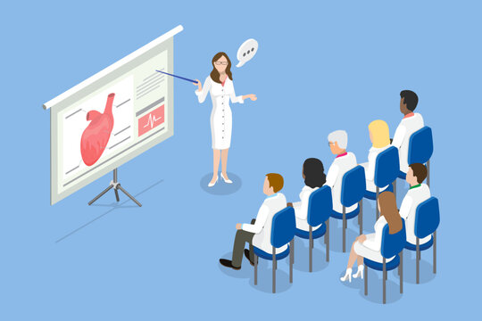 3D Isometric Flat Vector Conceptual Illustration Of Medical Conference, Healthcare Training Seminar