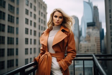 photo of a beautiful supermodel demonstrating a stylish spring collection of clothes in a big city against the backdrop of skyscrapers