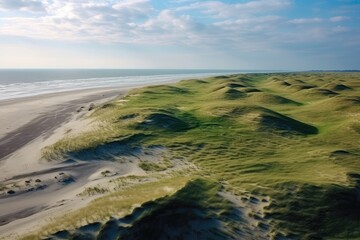Fototapeta na wymiar Aerial Drone Photo Of Sand Dunes Covered With Green Grass The Sea