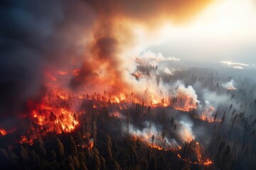Fototapeta na wymiar Aerial Photography Of Massive Forest Fire In Canada In , With Drones Top View Showcasing Wildfire, Smoke, And Burning Trees Highlights Ecological Catastrophe