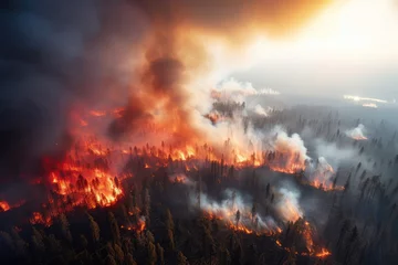Papier Peint photo Lavable Canada Aerial Photography Of Massive Forest Fire In Canada In , With Drones Top View Showcasing Wildfire, Smoke, And Burning Trees Highlights Ecological Catastrophe