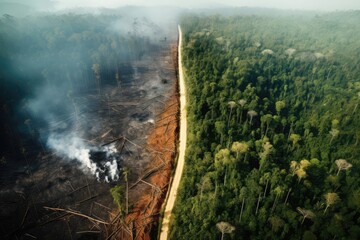 Aerial Split Image Depicting The Deforestation Environmental Problem Through Logging In The Rainforest